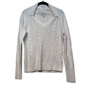 White Shawl Collared Braided Chunky Knit Long Sleeve Sweater Ribbed Size Medium